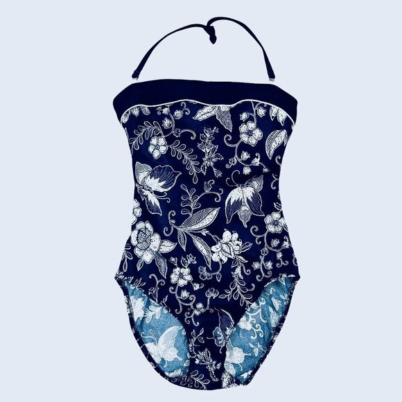 Longitude Navy Blue White Floral Print One-Piece Halter Swimsuit Size 10T - Picture 1 of 7